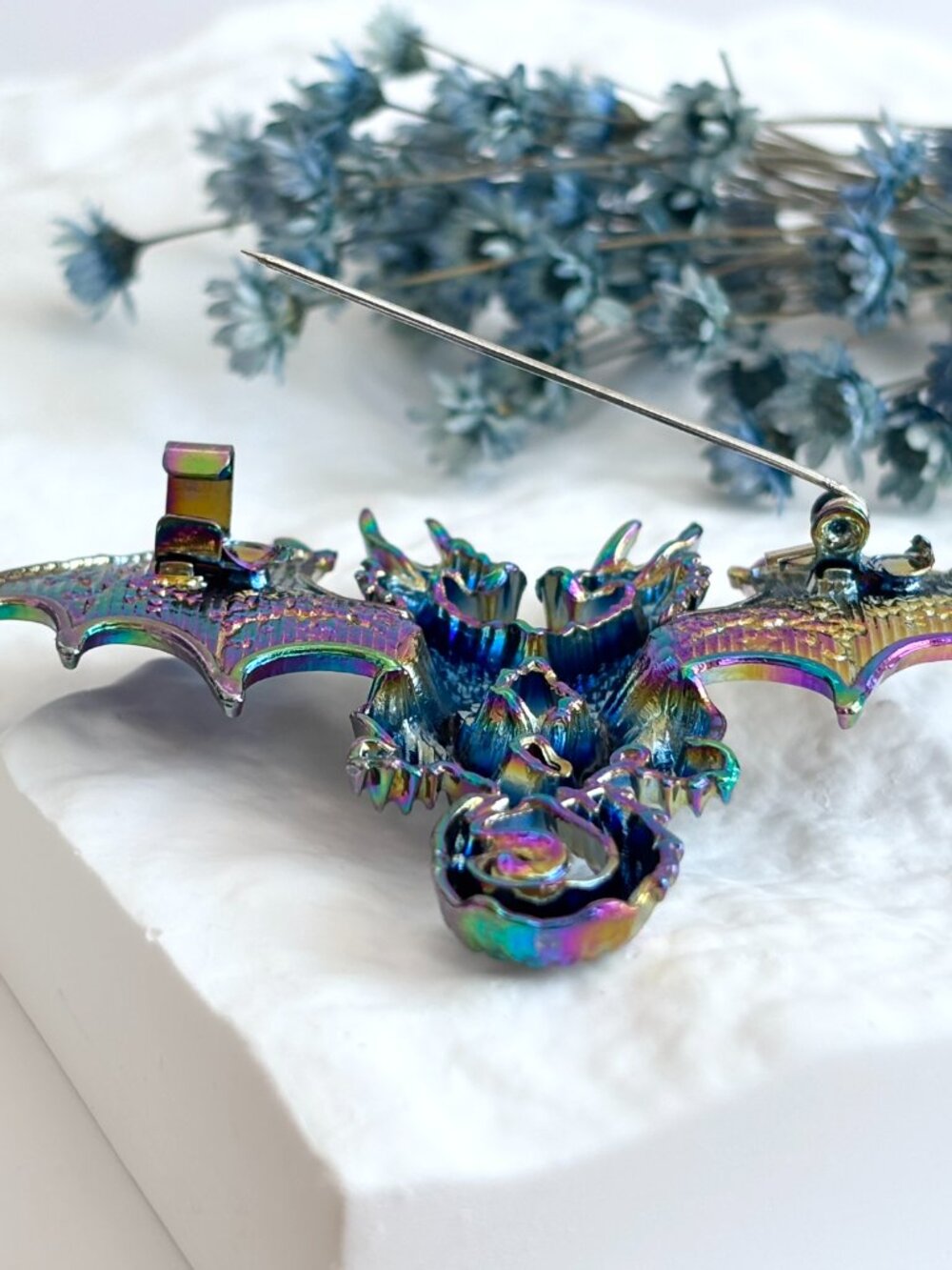 Iridescent Twin Dragon Figural Rhinestone Accented Vintage Inspired Brooch Pin - Picture 14 of 16